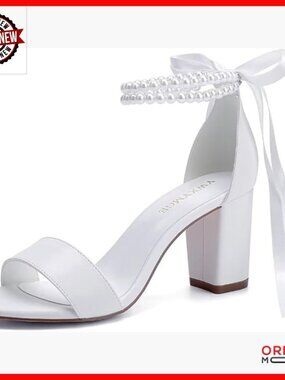 Pearl Block Heel Wedding Sandals for Bride Chunky Heels Open Toe